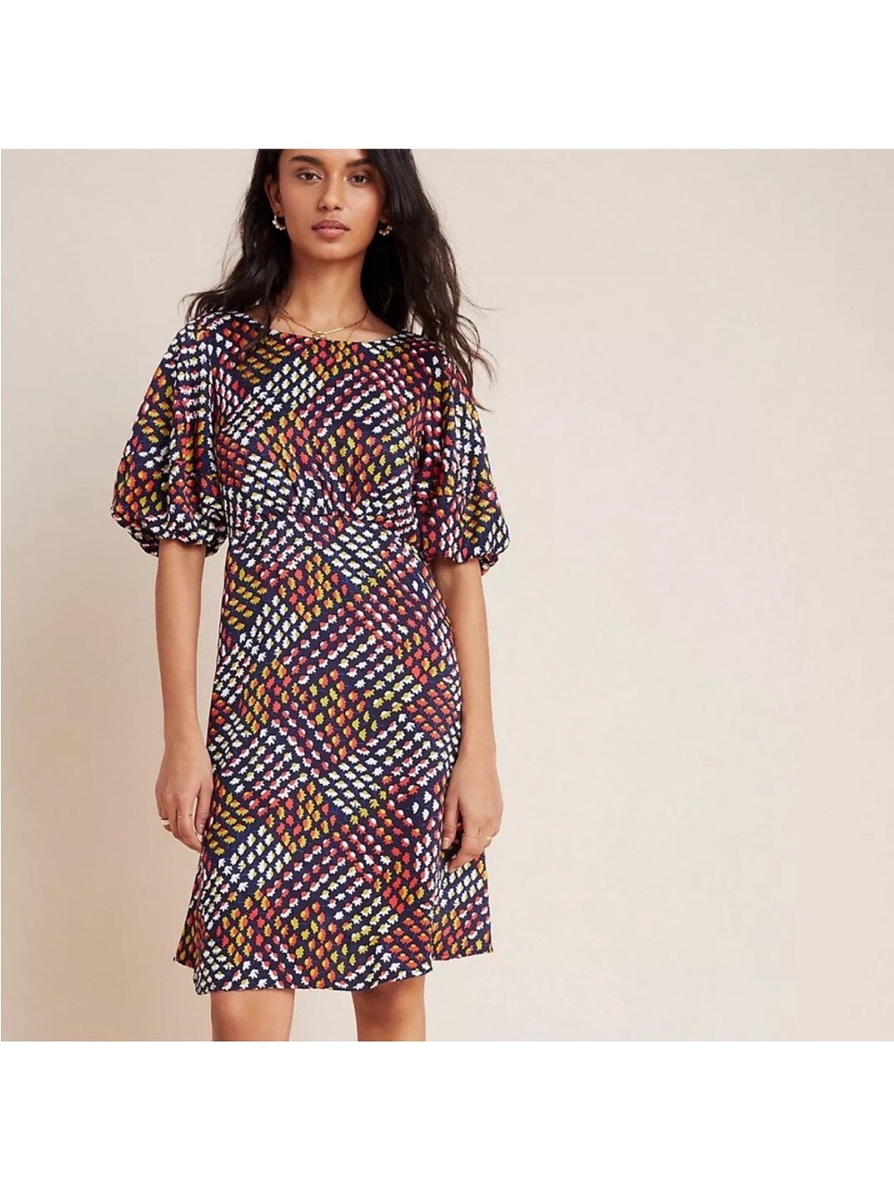 Maeve Multicolor Geometric Puff-Sleeve Midi Dress
